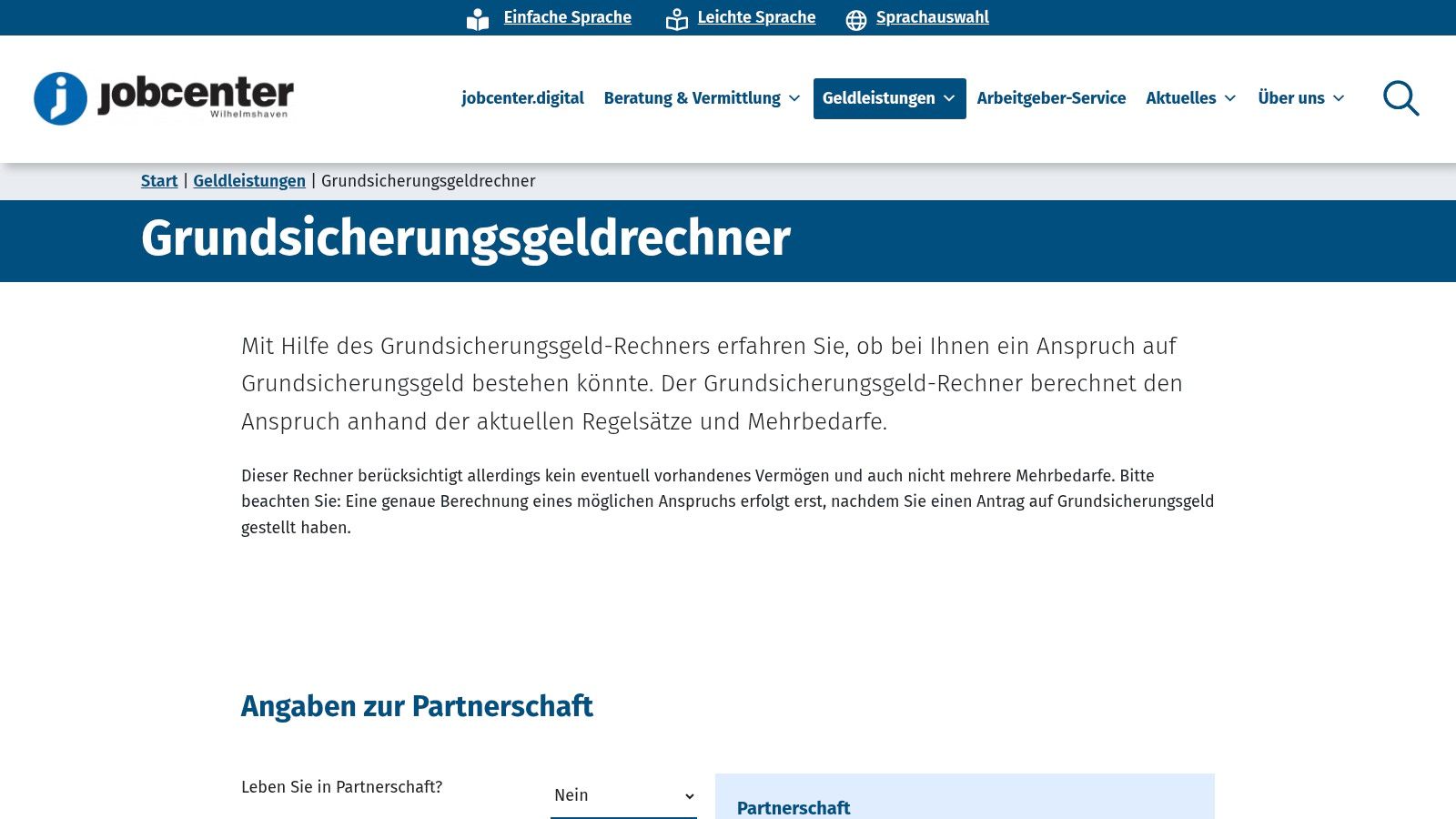 Jobcenter Wilhelmshaven – Grundsicherungsgeldrechner
