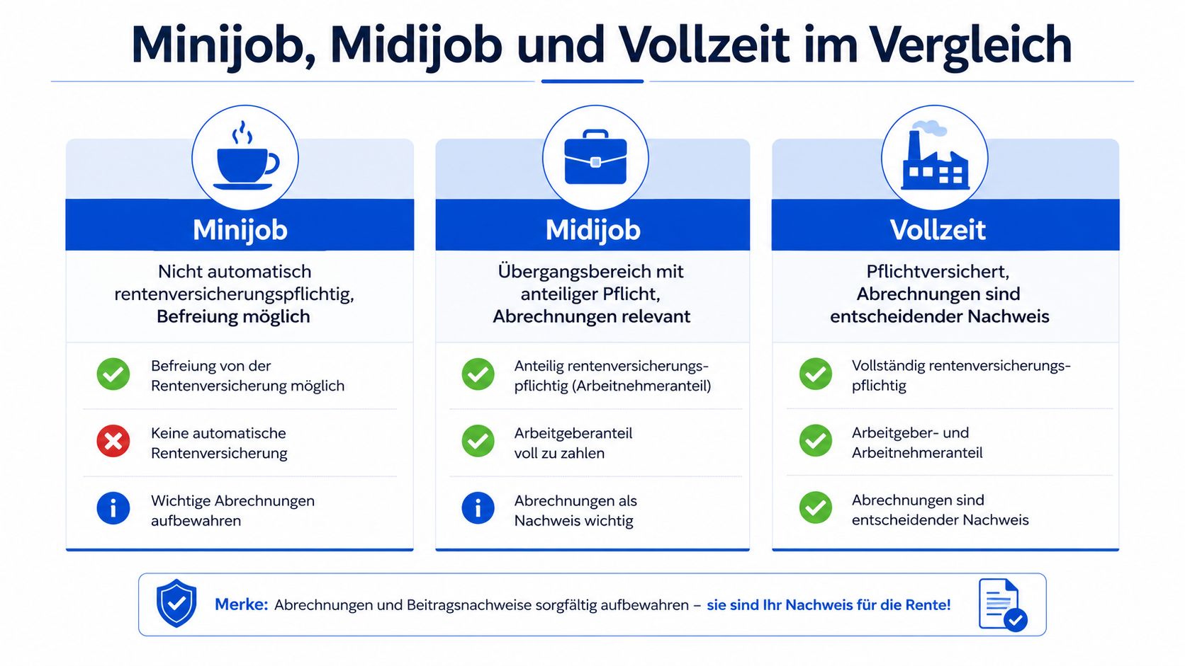 Vergleichsgrafik zwischen Minijob, Midijob und Vollzeit bezüglich der Rentenversicherungspflicht und der Wichtigkeit von Lohnabrechnungen.