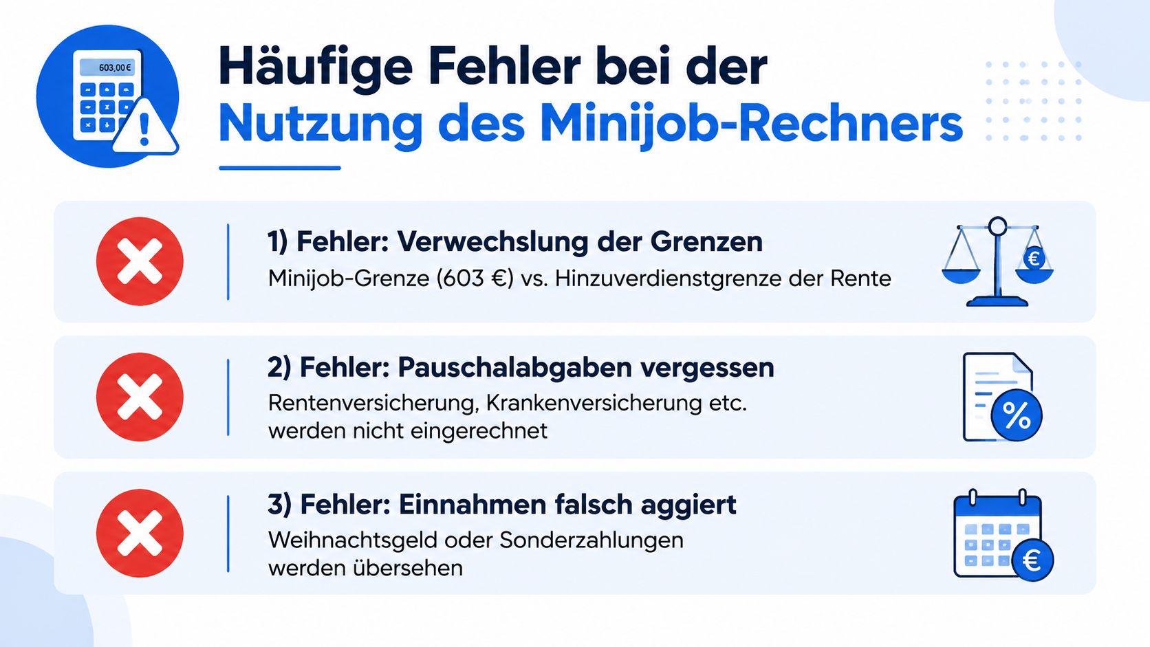 Infografik über häufige Fehler bei der Nutzung eines Minijob-Rechners für Rentner und zur Berechnung von Hinzuverdienstgrenzen.