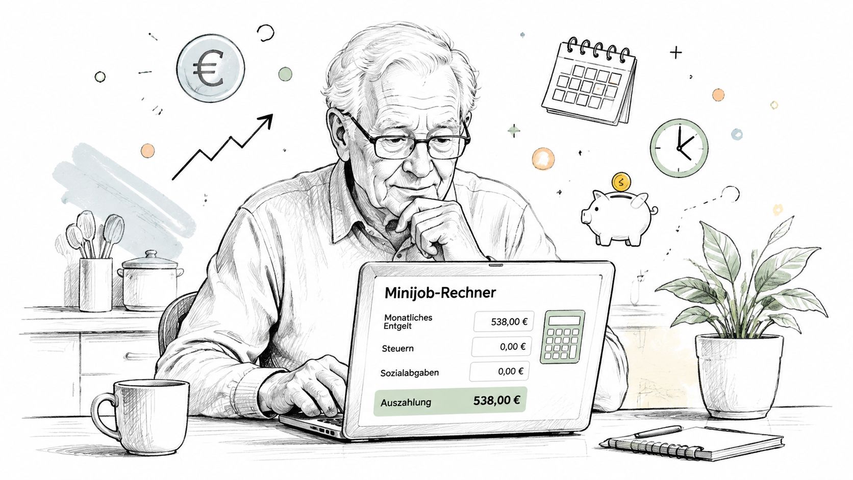 Ein älterer Mann mit Brille berechnet seine Minijob-Einkünfte an einem Laptop in einer hellen Küche.