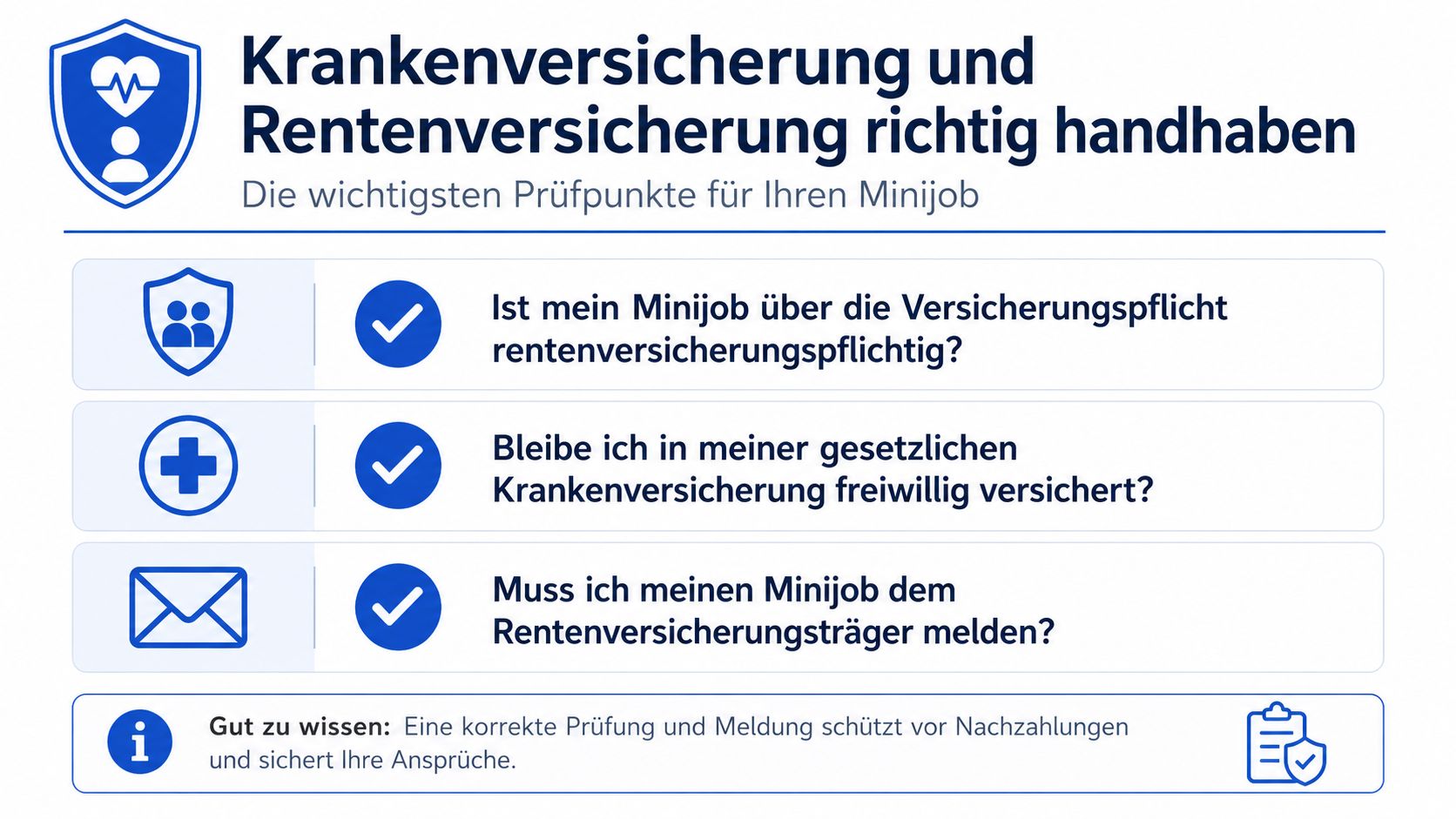 Infografik zur Handhabung von Kranken- und Rentenversicherung bei einem Minijob für Rentner in Deutschland.