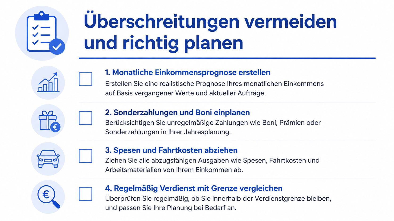 Eine Infografik mit vier Tipps zur Vermeidung von Einkommensüberschreitungen und für eine bessere Finanzplanung im Nebenjob.
