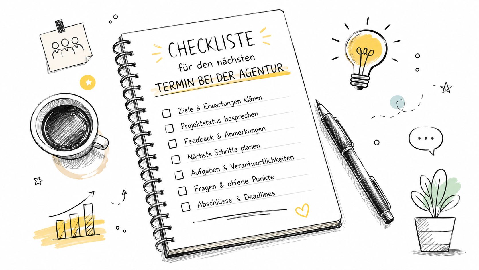 Ein illustrierter Block mit einer Checkliste für Termine bei einer Werbeagentur auf einem Schreibtisch.
